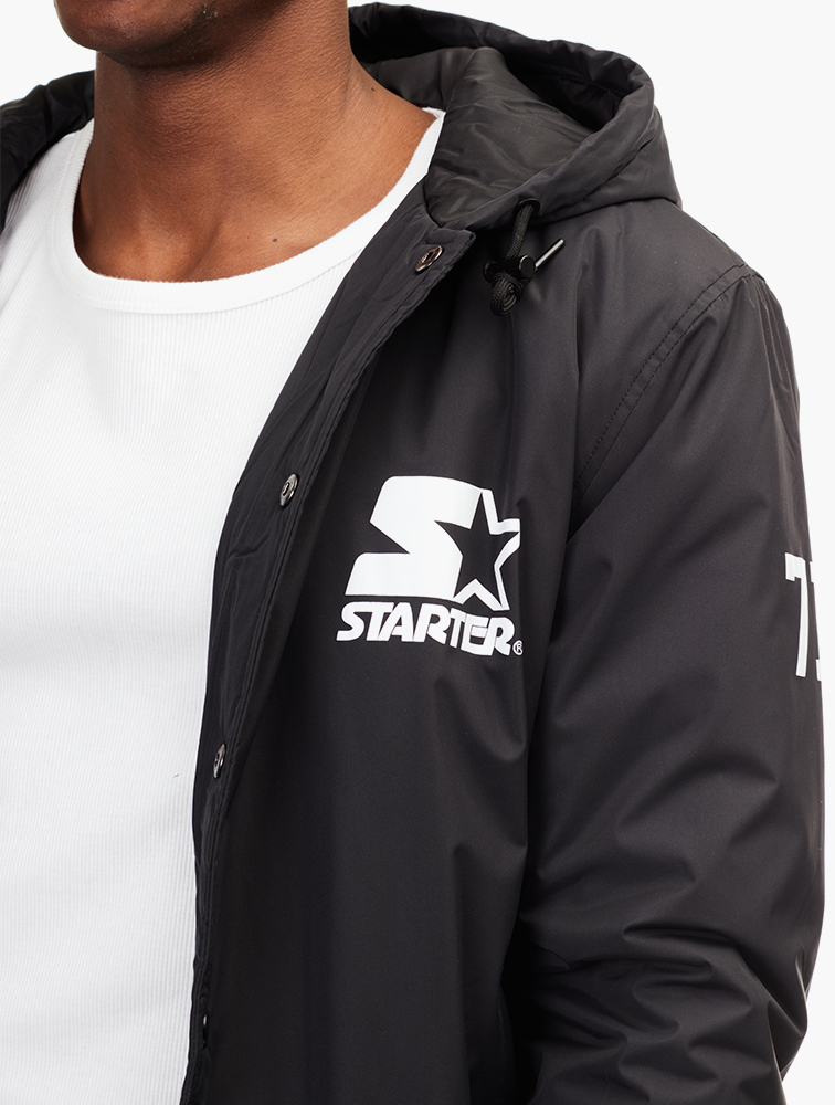 MyRunway | Shop Starter Black Baseball Athletic Hooded Jacket for